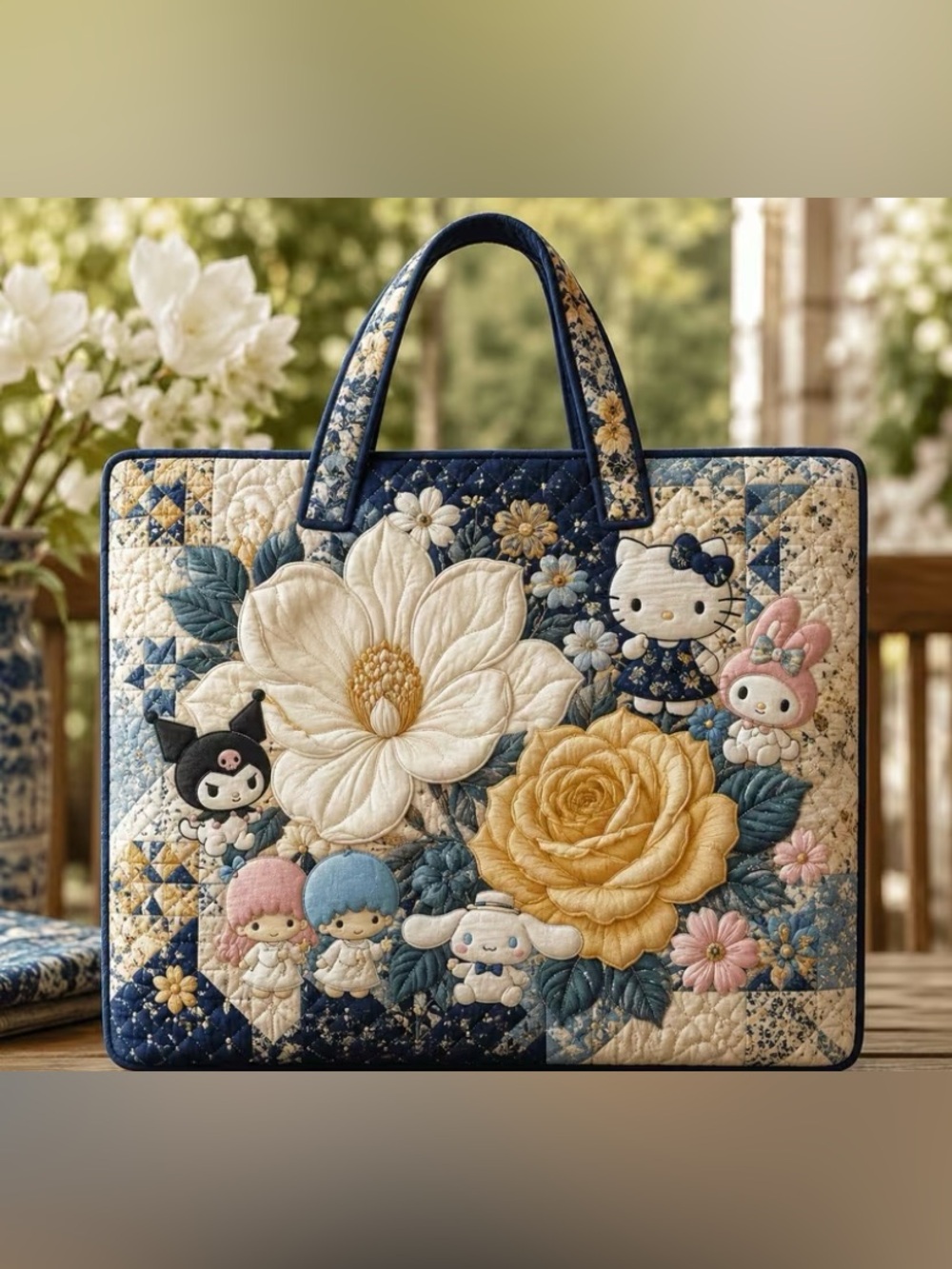 Hello Kitty Quilted Floral Tote Bag - Navy, Cream & Yellow